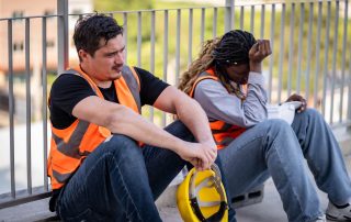 Workers sitting down next to fencing | Featured image for the Fatigue Management blog from Bramwell Partners.