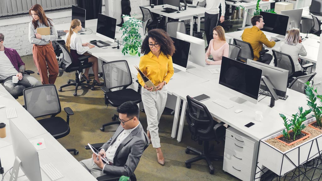 High angle view of professional young business people working with computers and papers in office.